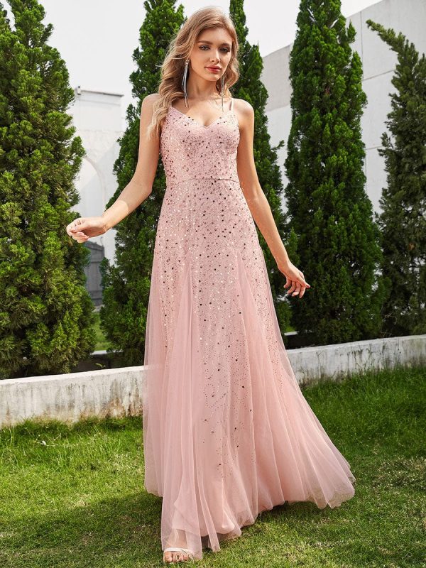 Shimmering Sequin V-Neck Tulle Bridesmaid Gown - Image 3