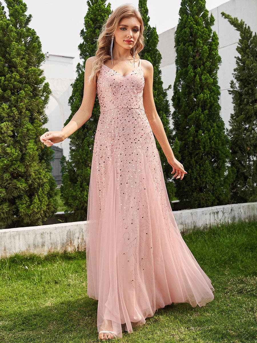 Shimmering Sequin V-Neck Tulle Bridesmaid Gown - Image 3