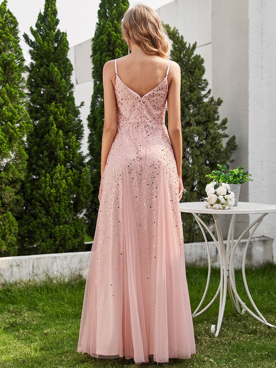 Shimmering Sequin V-Neck Tulle Bridesmaid Gown - Image 4