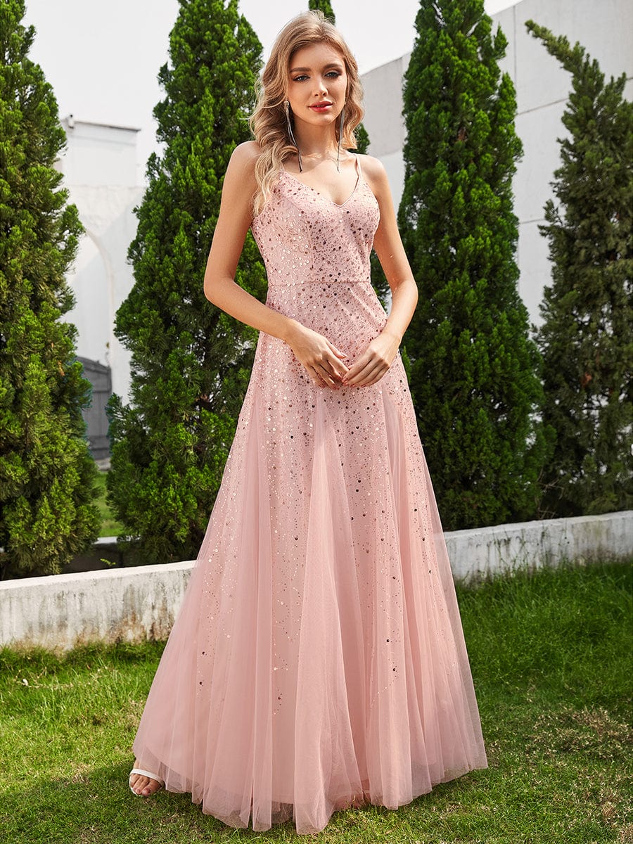 Shimmering Sequin V-Neck Tulle Bridesmaid Gown - Image 5