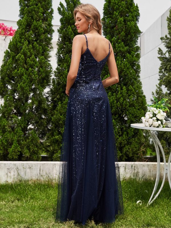 Shimmering Sequin V-Neck Tulle Bridesmaid Gown - Image 7