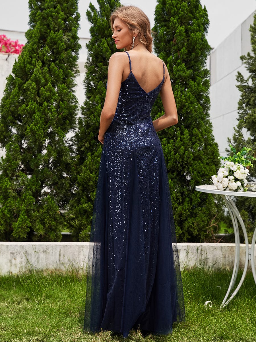 Shimmering Sequin V-Neck Tulle Bridesmaid Gown - Image 7