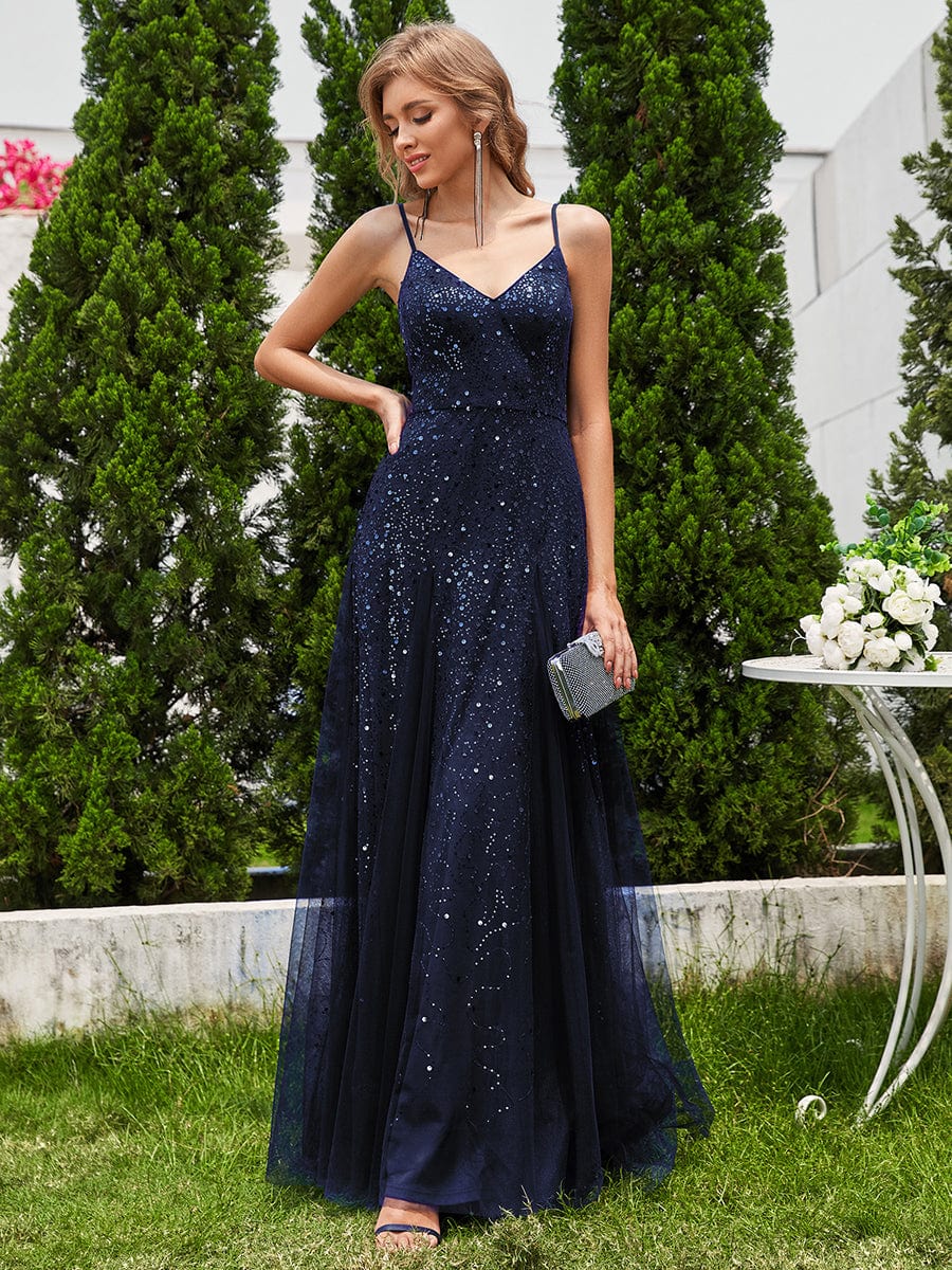 Shimmering Sequin V-Neck Tulle Bridesmaid Gown - Image 9