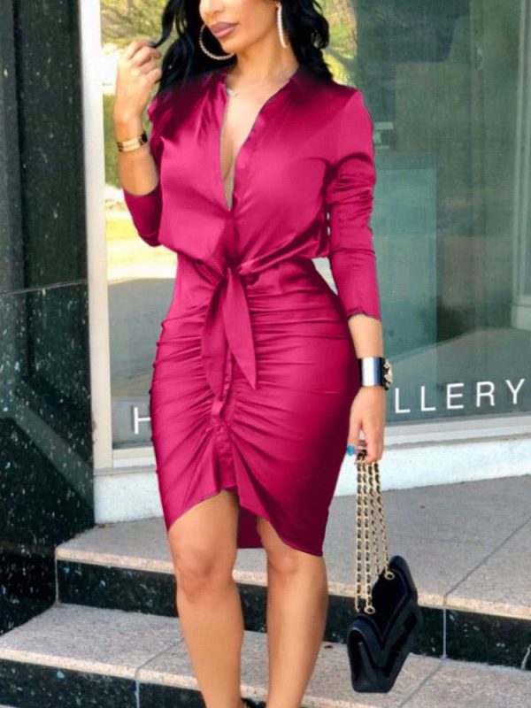 Women's Dresses V-Neck Tie Long Sleeve Solid Shirt Dress - Image 4