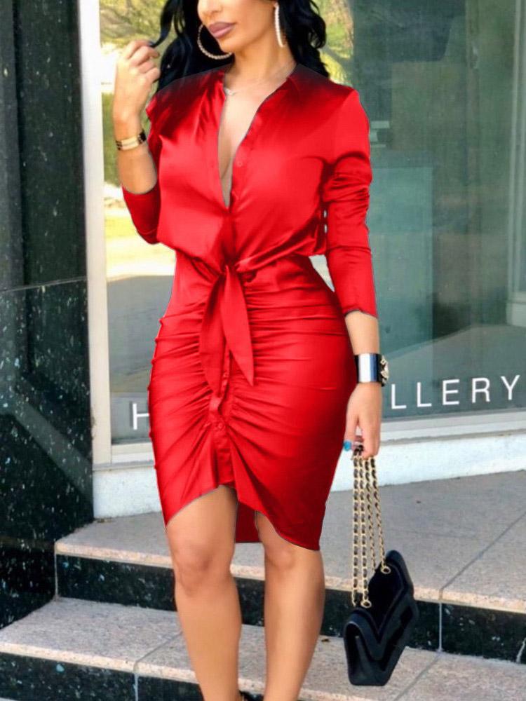 Women's Dresses V-Neck Tie Long Sleeve Solid Shirt Dress - Image 2