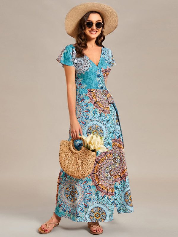 V-Neck Printed Cocktail Dress with Side Split - Image 27