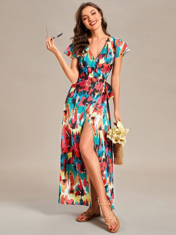 V-Neck Printed Cocktail Dress with Side Split - Image 45
