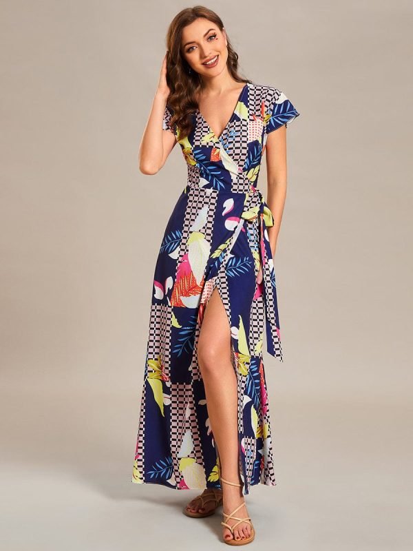 V-Neck Printed Cocktail Dress with Side Split - Image 50