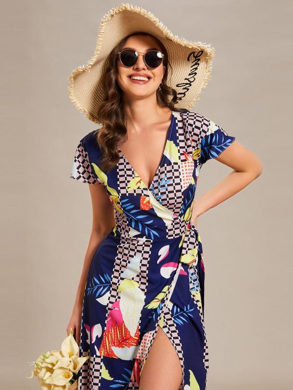 V-Neck Printed Cocktail Dress with Side Split - Image 51