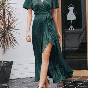 Leopard Asymmetrical Ruffle Hem Wrap Belted Satin Dress