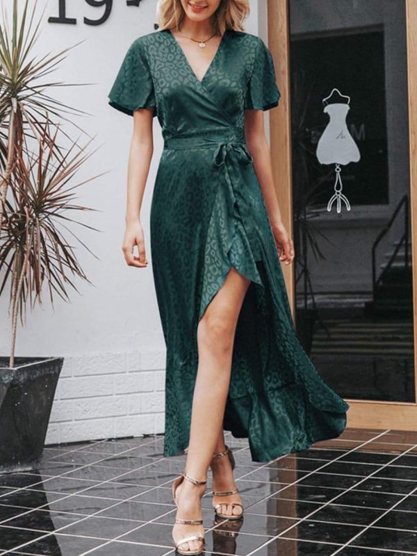 Leopard Asymmetrical Ruffle Hem Wrap Belted Satin Dress