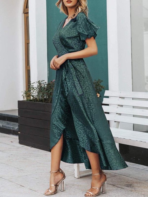 Leopard Asymmetrical Ruffle Hem Wrap Belted Satin Dress - Image 2