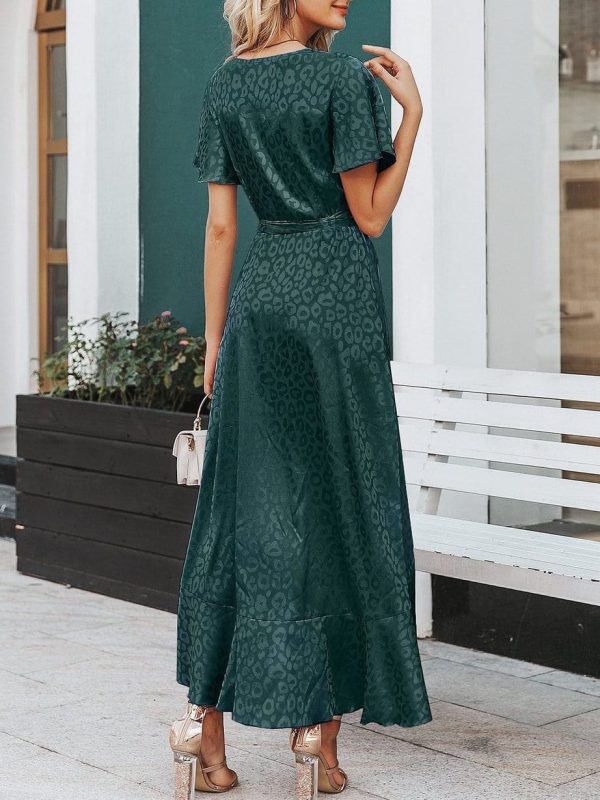 Leopard Asymmetrical Ruffle Hem Wrap Belted Satin Dress - Image 3