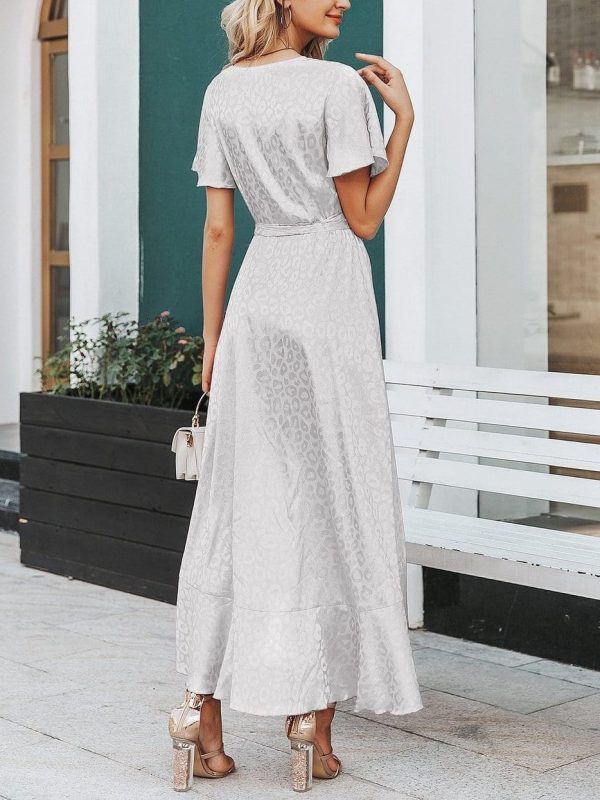 Leopard Asymmetrical Ruffle Hem Wrap Belted Satin Dress - Image 8