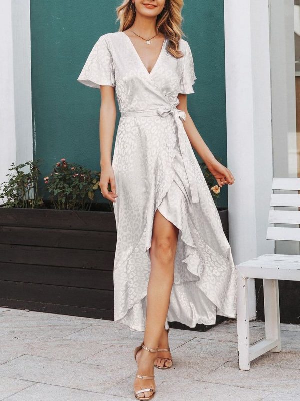 Leopard Asymmetrical Ruffle Hem Wrap Belted Satin Dress - Image 9
