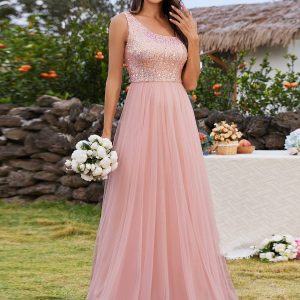 Regal One-Shoulder Sequin Tulle Bridesmaid Gown