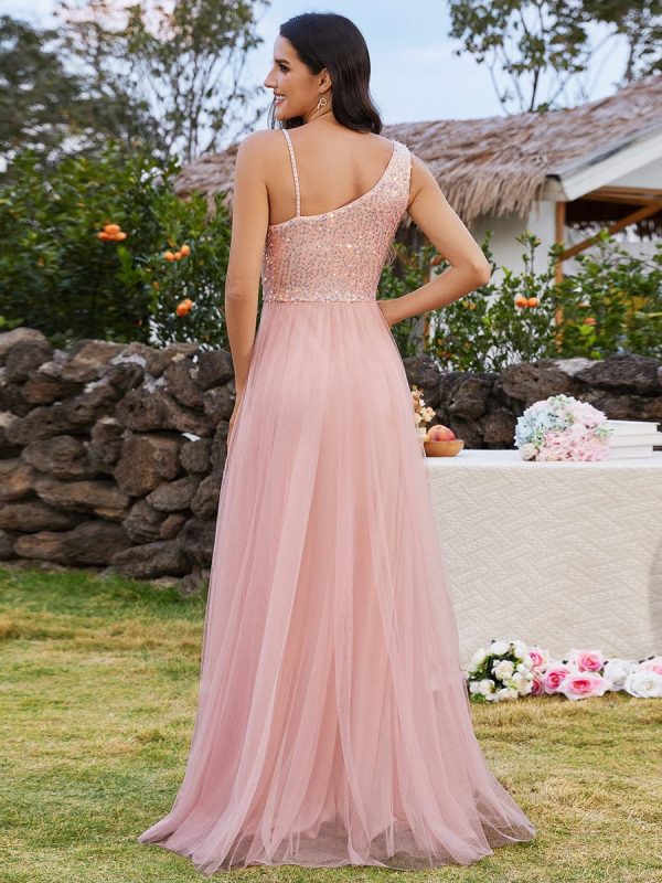 Regal One-Shoulder Sequin Tulle Bridesmaid Gown - Image 2