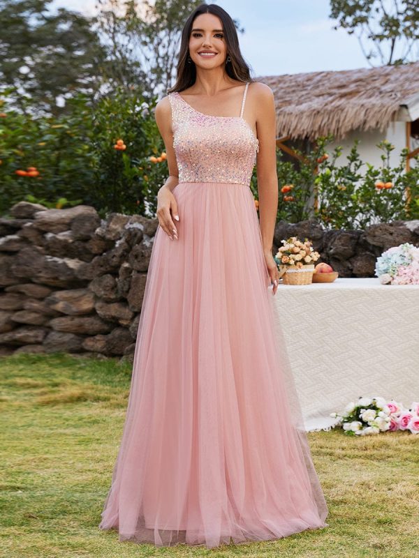Regal One-Shoulder Sequin Tulle Bridesmaid Gown - Image 4
