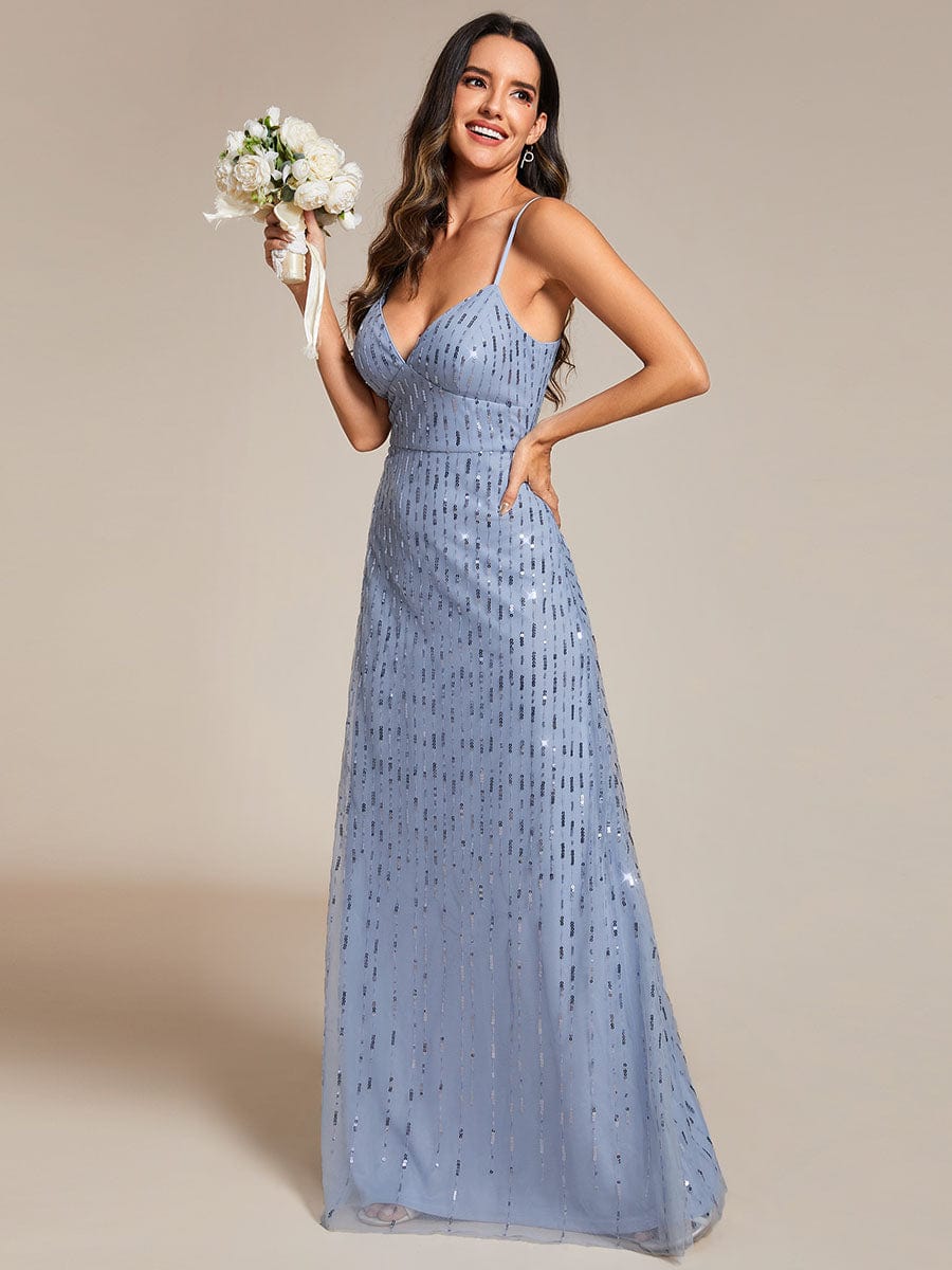 Sequin Embellished V-Neck Tulle Bridesmaid Gown with Spaghetti Straps