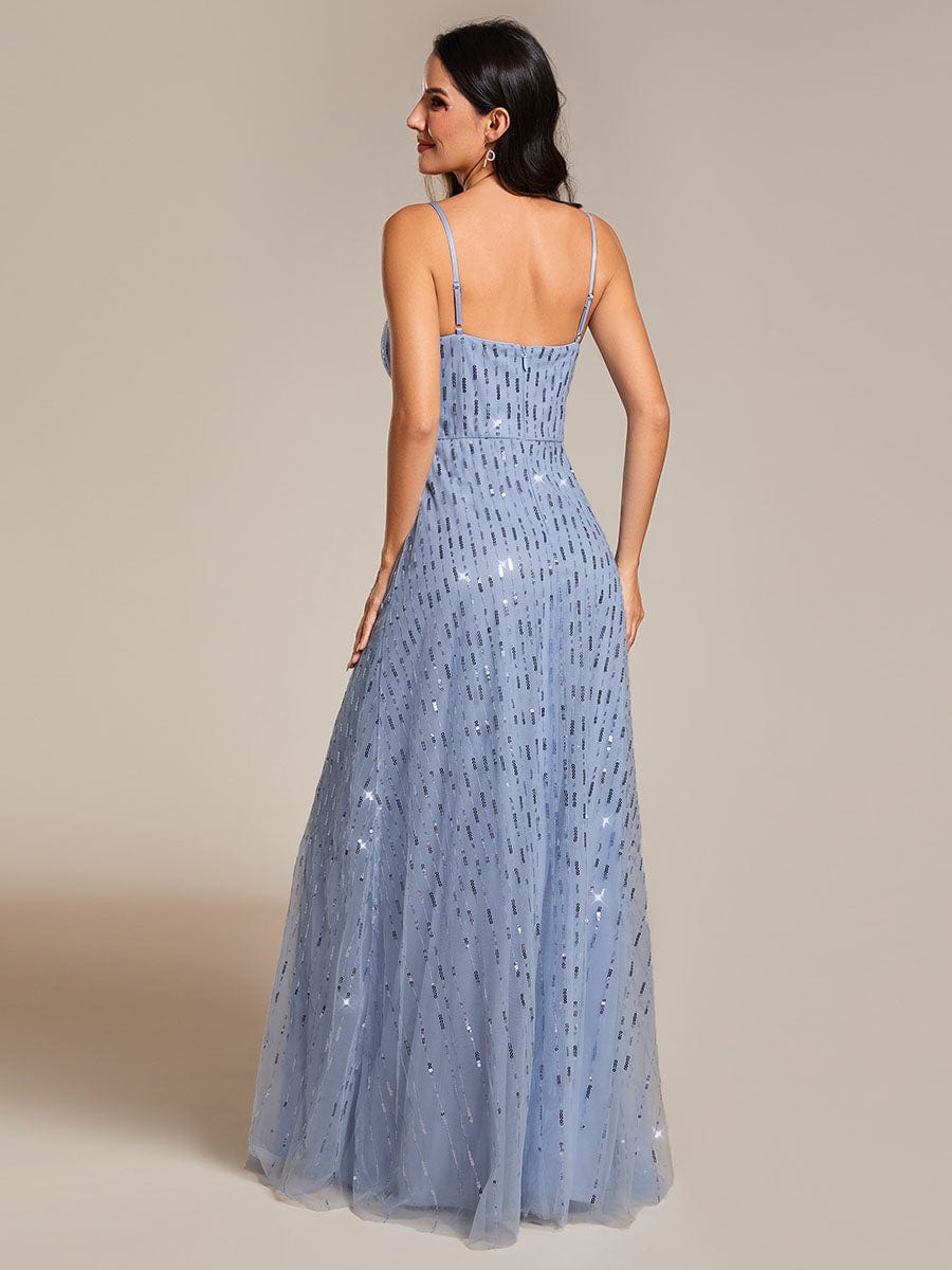 Sequin Embellished V-Neck Tulle Bridesmaid Gown with Spaghetti Straps - Image 4