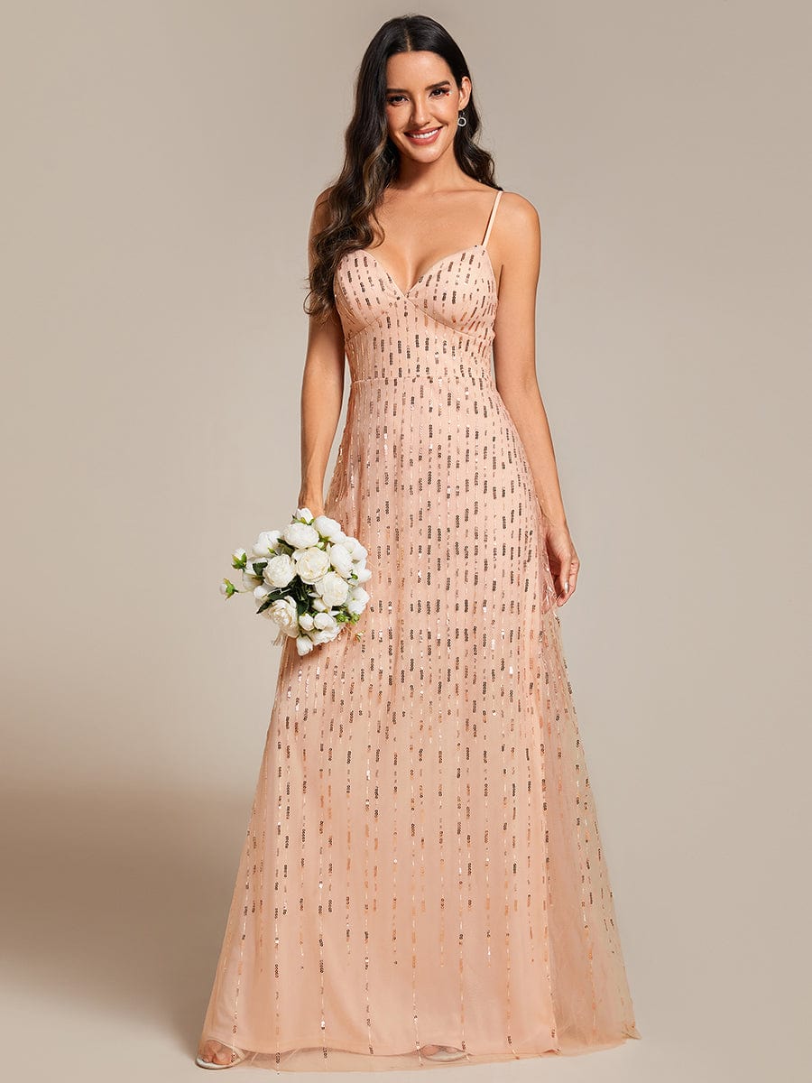 Sequin Embellished V-Neck Tulle Bridesmaid Gown with Spaghetti Straps - Image 6