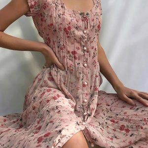 Single Breasted Floral Short Sleeve Dress