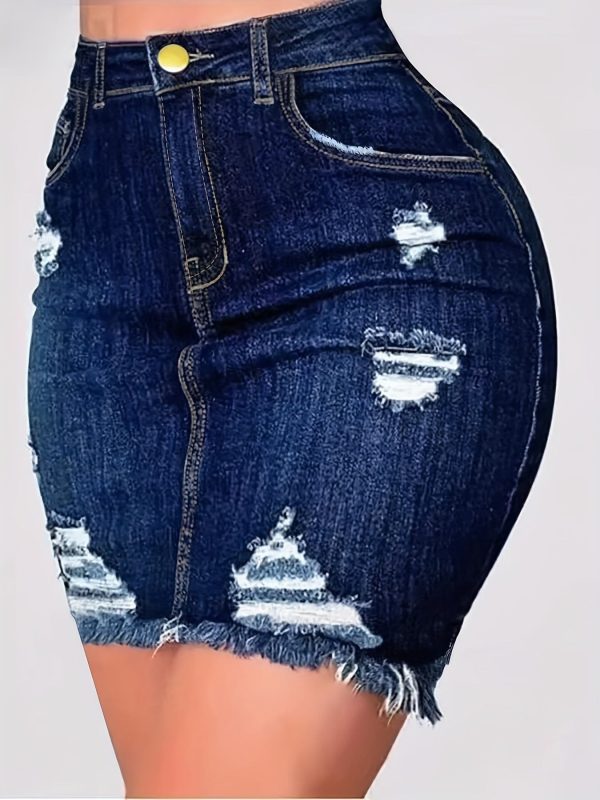 Distressed Ripped Raw Hem Slim Fit Denim Mini Dress - Image 2
