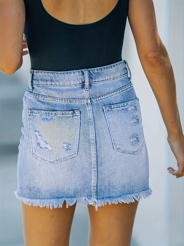 Distressed Solid Raw Hem High Waist Denim Mini Dress - Image 5