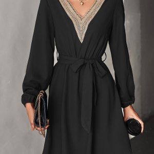 Elegant Lace Perfect For Commuting And Temperament Long Sleeved V Neck Mini Dress - A-Line - Gypsy - Bare - Paneled - Bishop - Peasant - Jewel