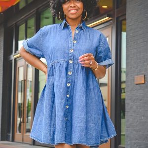 Rolled Sleeve Single-Breasted Lapel Button Causal Denim Mini Dress