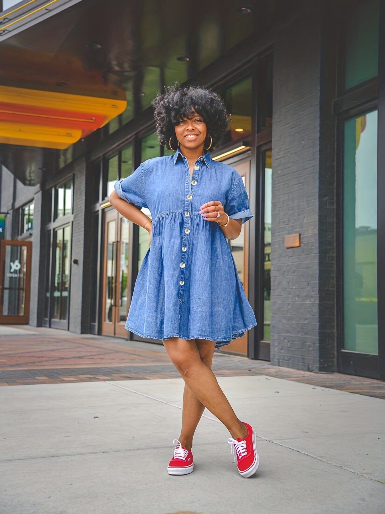 Rolled Sleeve Single-Breasted Lapel Button Causal Denim Mini Dress - Image 3