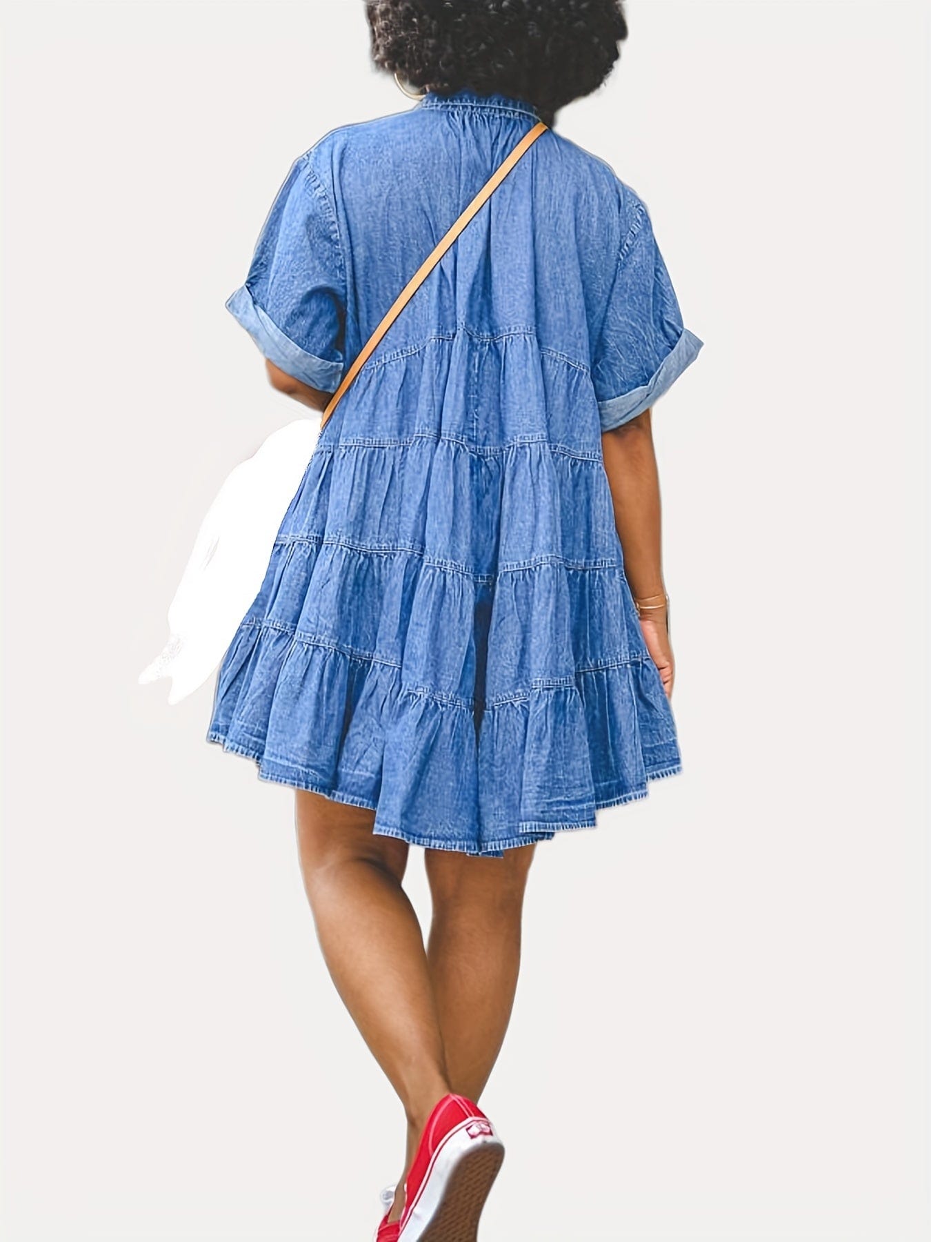 Rolled Sleeve Single-Breasted Lapel Button Causal Denim Mini Dress - Image 5