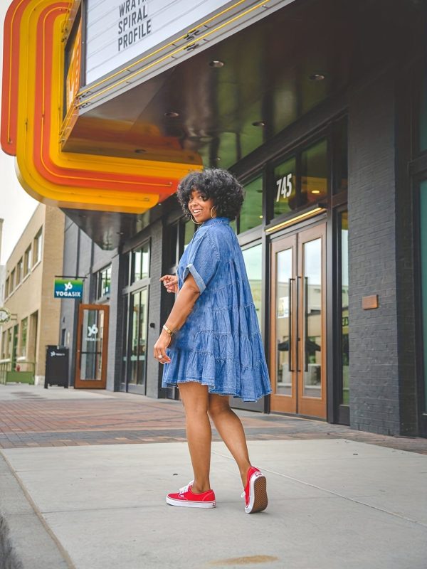 Rolled Sleeve Single-Breasted Lapel Button Causal Denim Mini Dress - Image 4