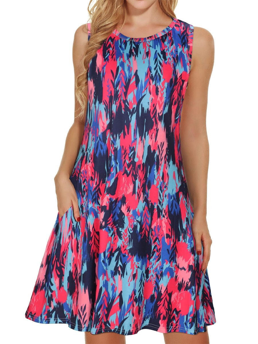 Comfortable Floral Print And Pockets Loose Fit Sleeveless Mini Dress - A-Line - Jewel - Image 25