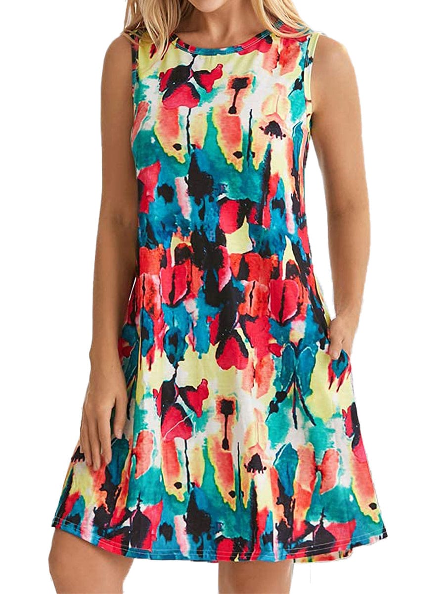 Comfortable Floral Print And Pockets Loose Fit Sleeveless Mini Dress - A-Line - Jewel - Image 22