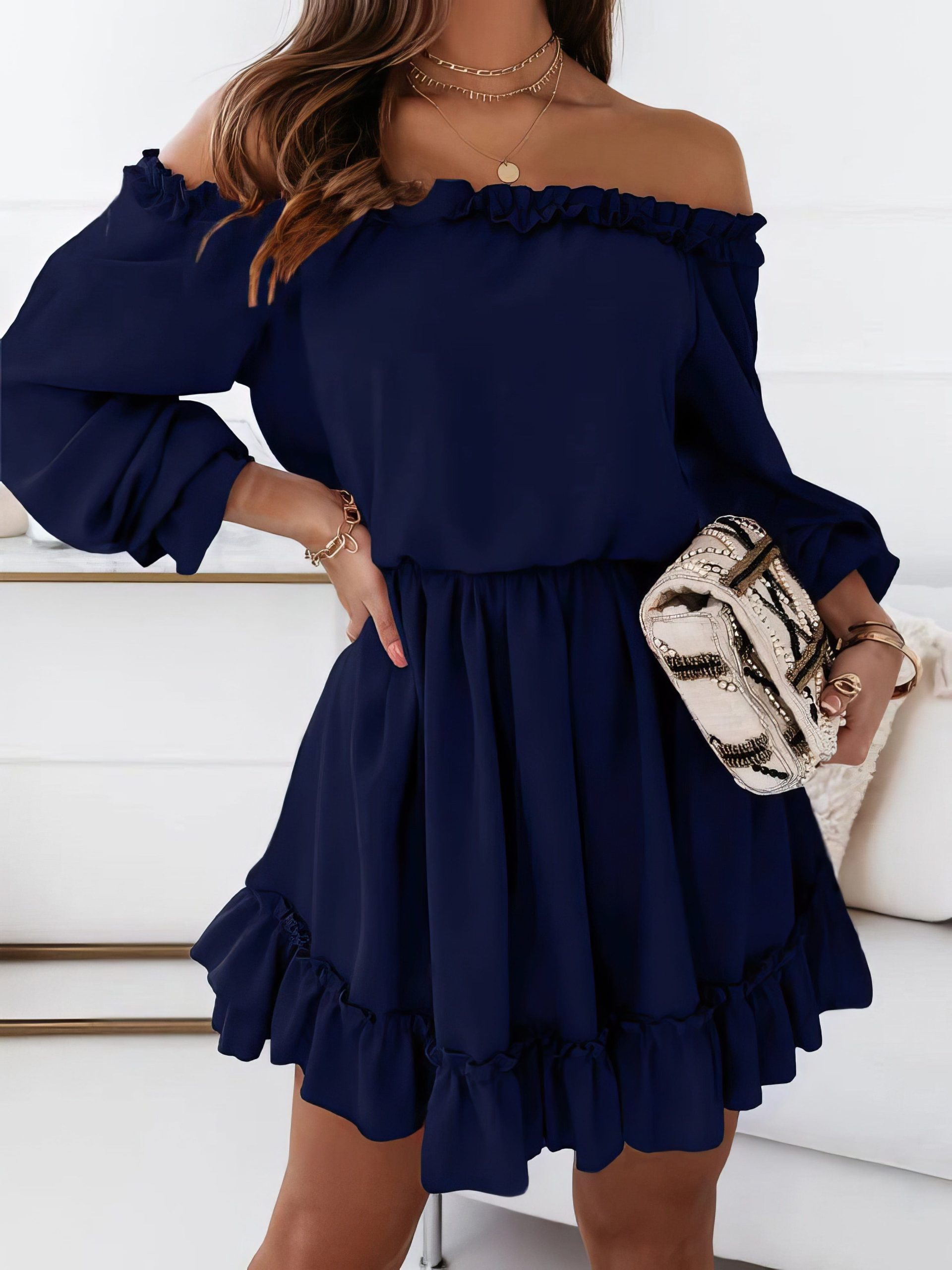 One-Shoulder Elastic Waist Long Sleeve Dress - Image 5