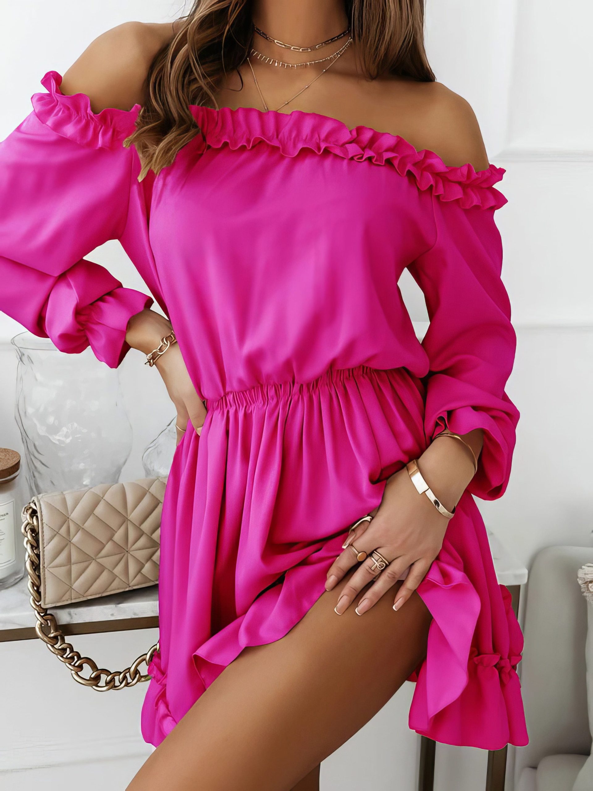One-Shoulder Elastic Waist Long Sleeve Dress - Image 7