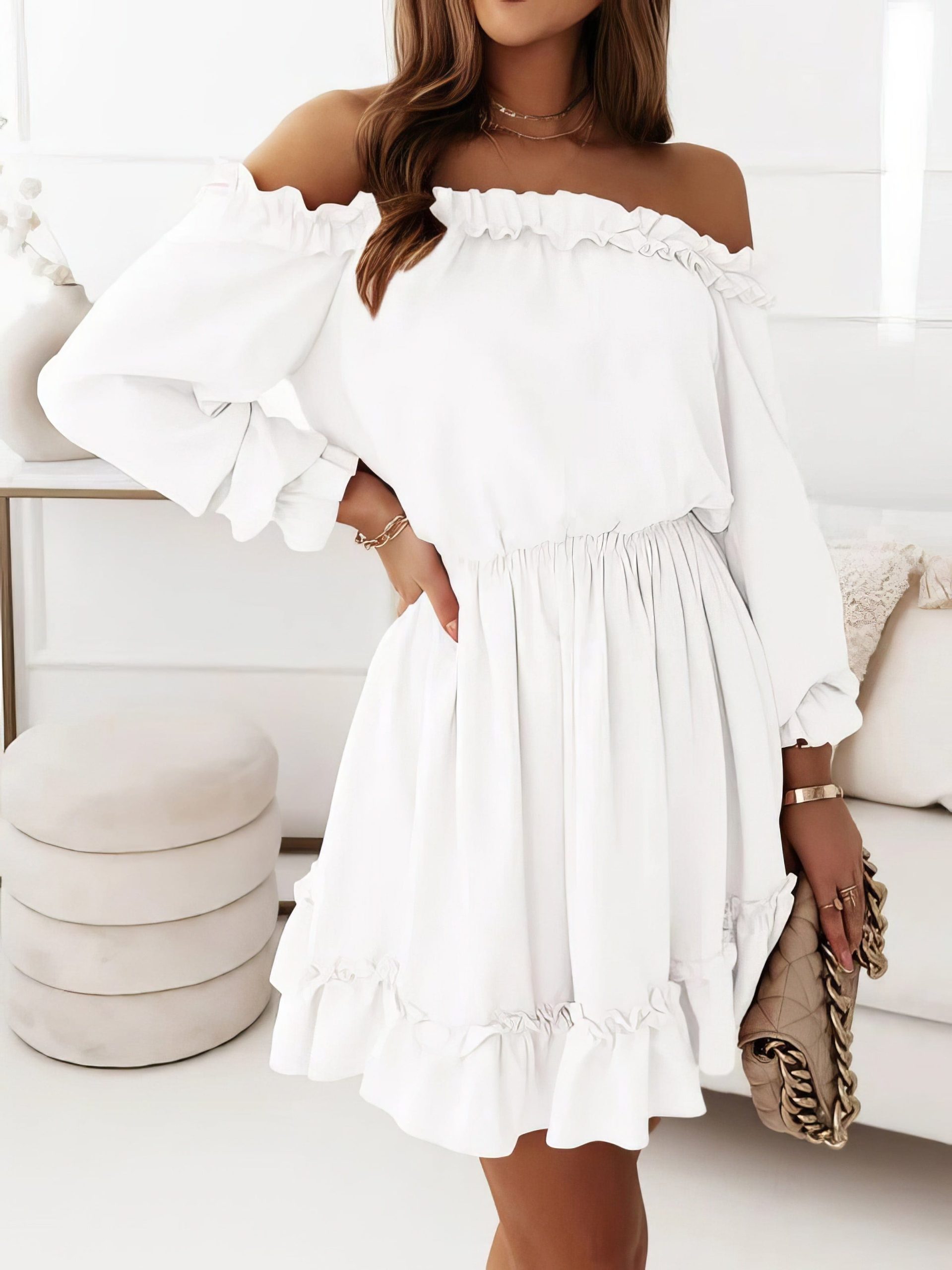 One-Shoulder Elastic Waist Long Sleeve Dress - Image 3