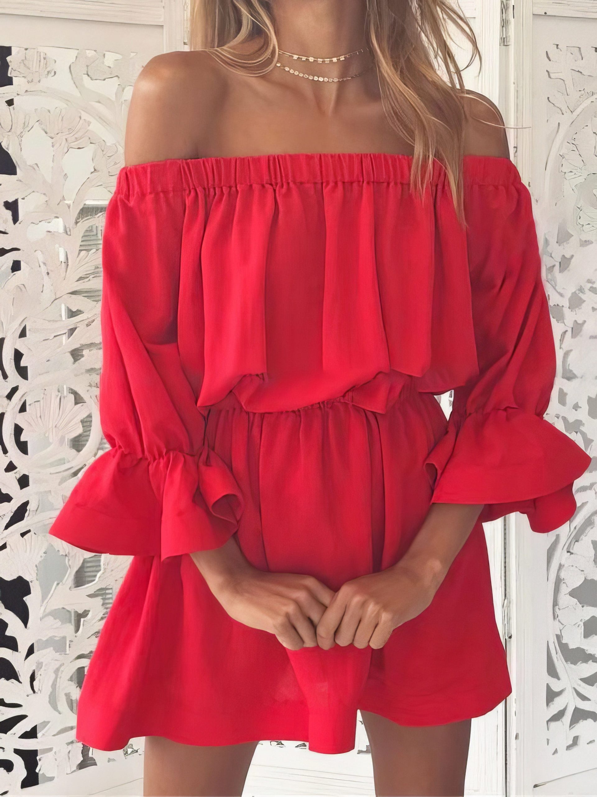 One shoulder Waisted Three-quarter Sleeve Dress - Image 8