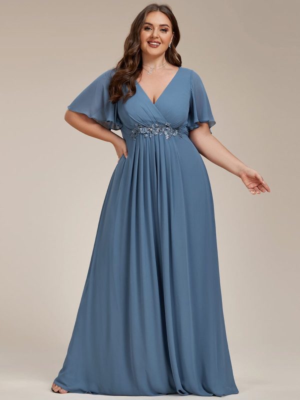 Plus V Neck Lace Applique Pleated Bridesmaid Gowns - Image 5