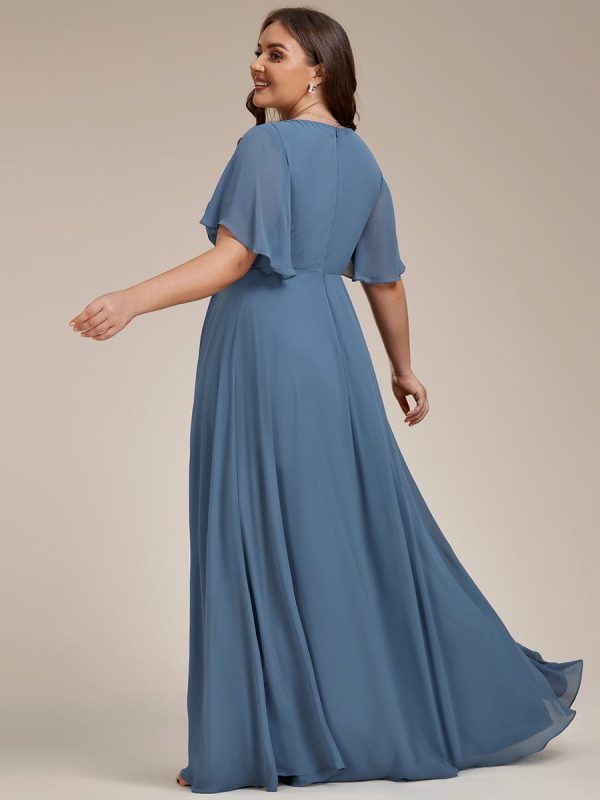 Plus V Neck Lace Applique Pleated Bridesmaid Gowns - Image 2