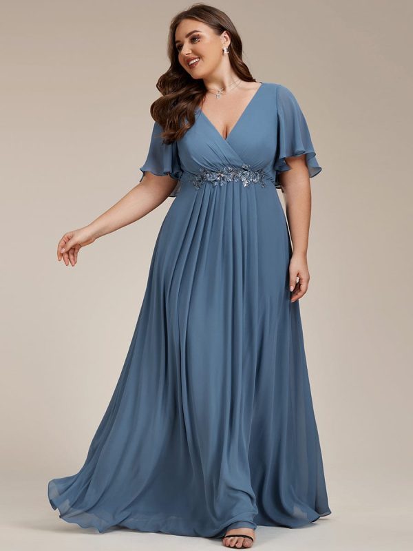 Plus V Neck Lace Applique Pleated Bridesmaid Gowns - Image 4