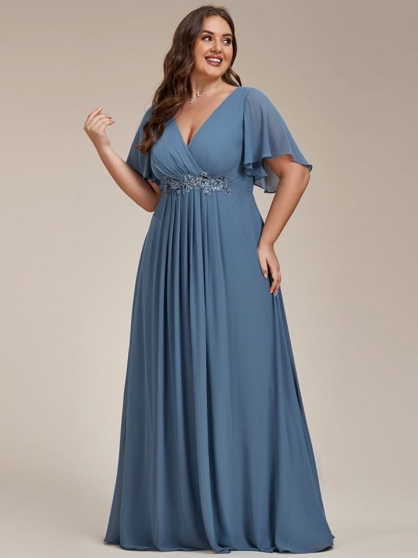 Plus V Neck Lace Applique Pleated Bridesmaid Gowns - Image 3
