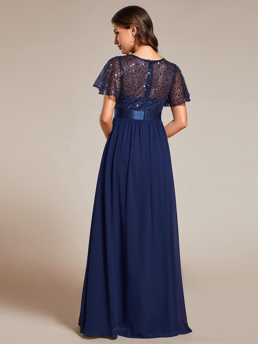 Elegant Sequin Embellished Chiffon Evening Gown with High Waist and Short Sleeves - Image 2