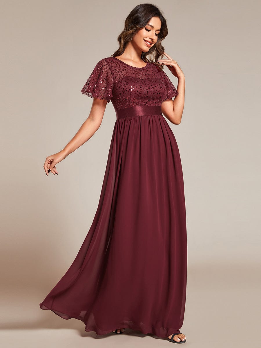 Elegant Sequin Embellished Chiffon Evening Gown with High Waist and Short Sleeves - Image 7