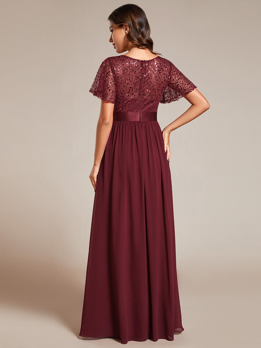 Elegant Sequin Embellished Chiffon Evening Gown with High Waist and Short Sleeves - Image 9