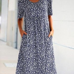 Round Neck Short Sleeve Floral Print Dress
