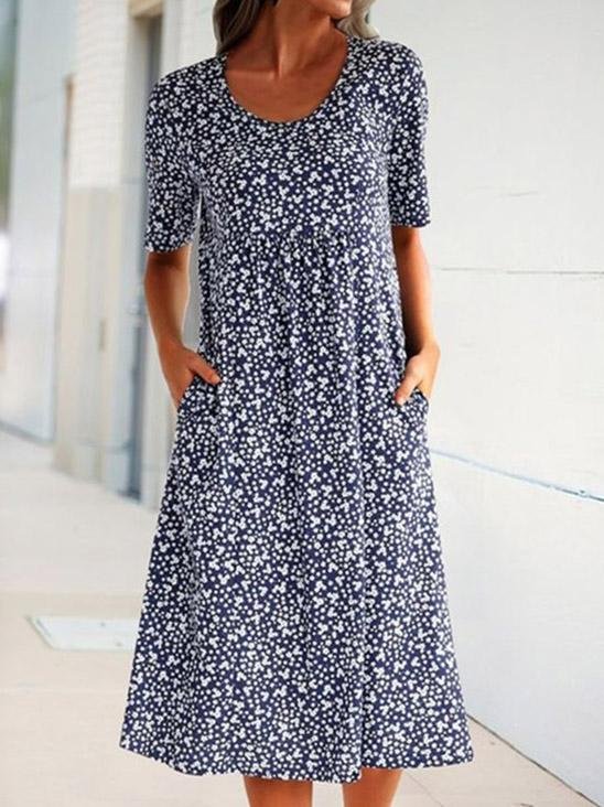 Round Neck Short Sleeve Floral Print Dress