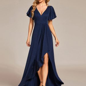 Ruffled Sleeve Tea Length Evening Dress with Side Split