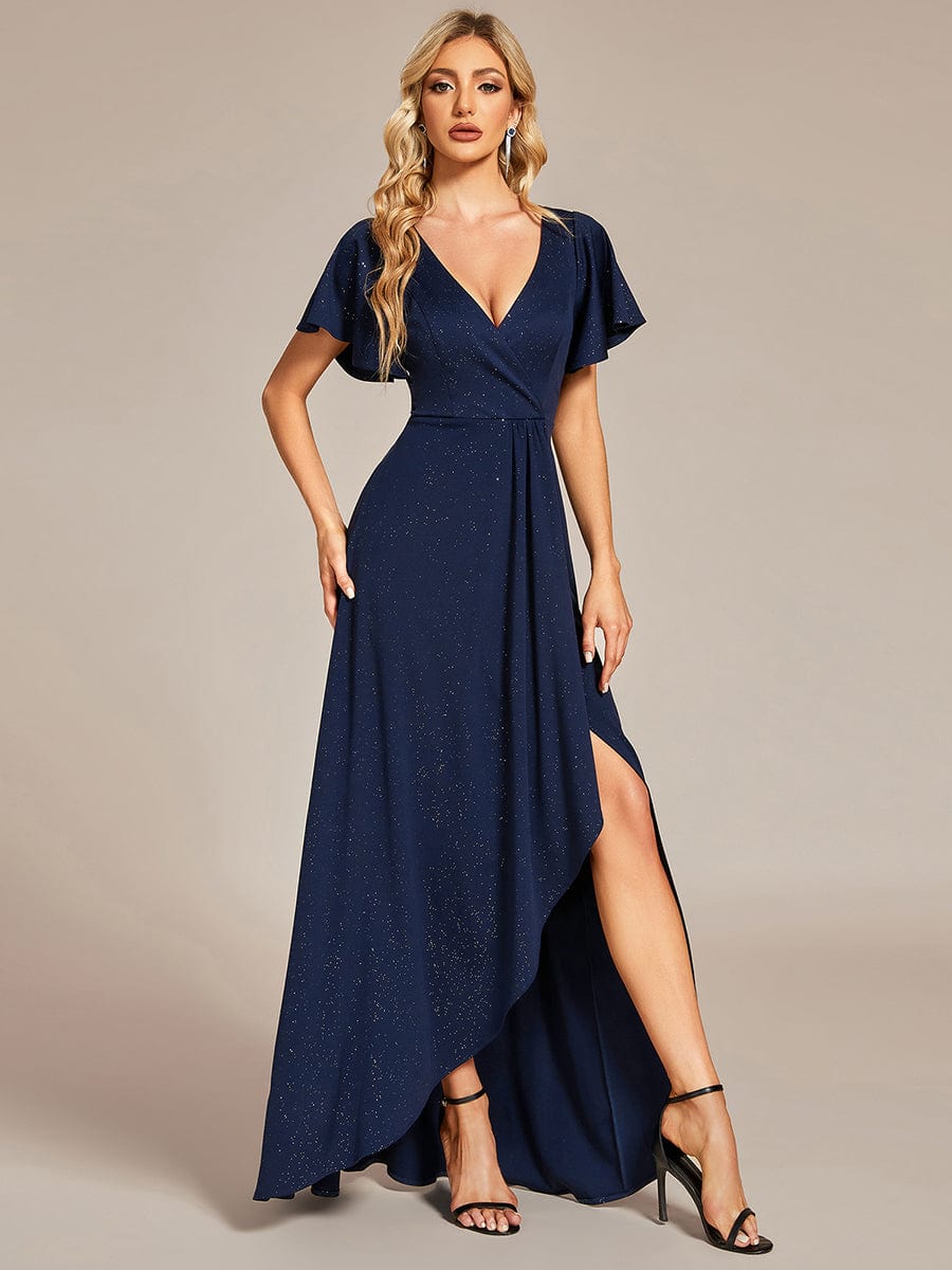 Ruffled Sleeve Tea Length Evening Dress with Side Split - Image 2
